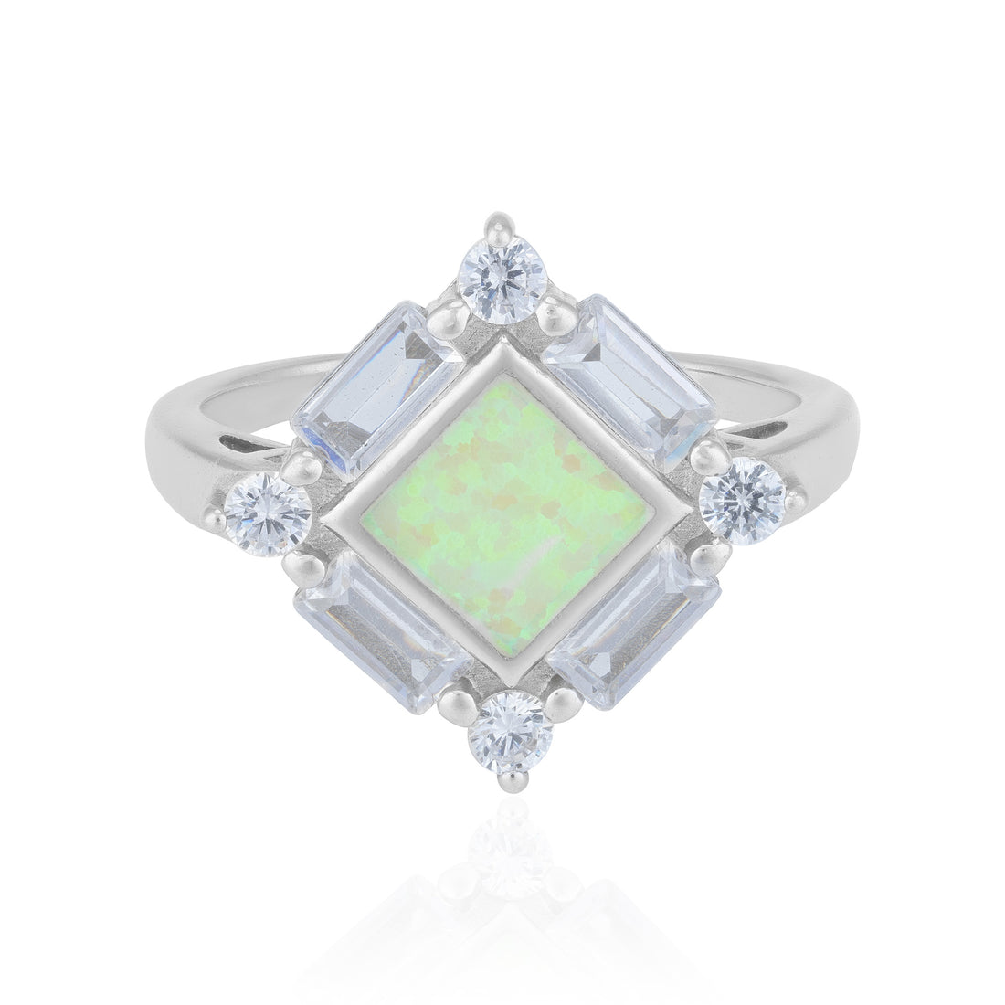 925 Sterling Silver Iridescent Opal Glow Diamond Accented Geometric Princess Ring for Women