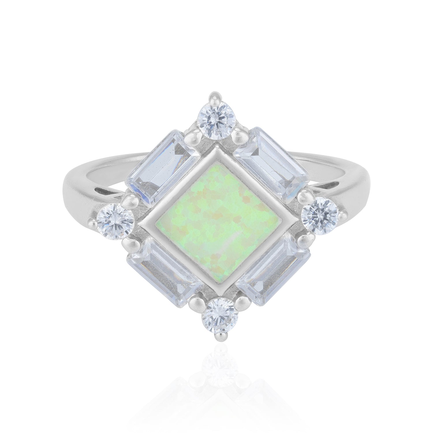 925 Sterling Silver Iridescent Opal Glow Diamond Accented Geometric Princess Ring for Women