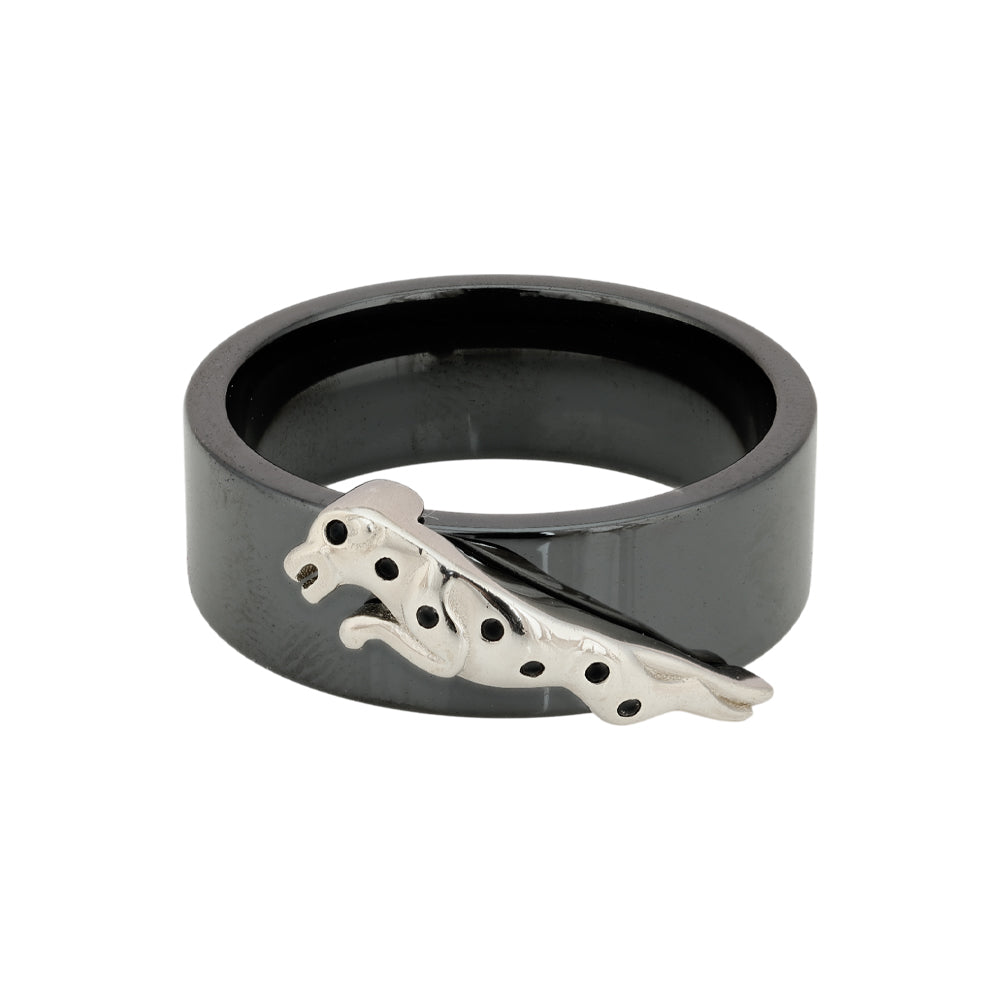 925 Sterling Silver Jaguar Leopard Black Polish Ring for Men