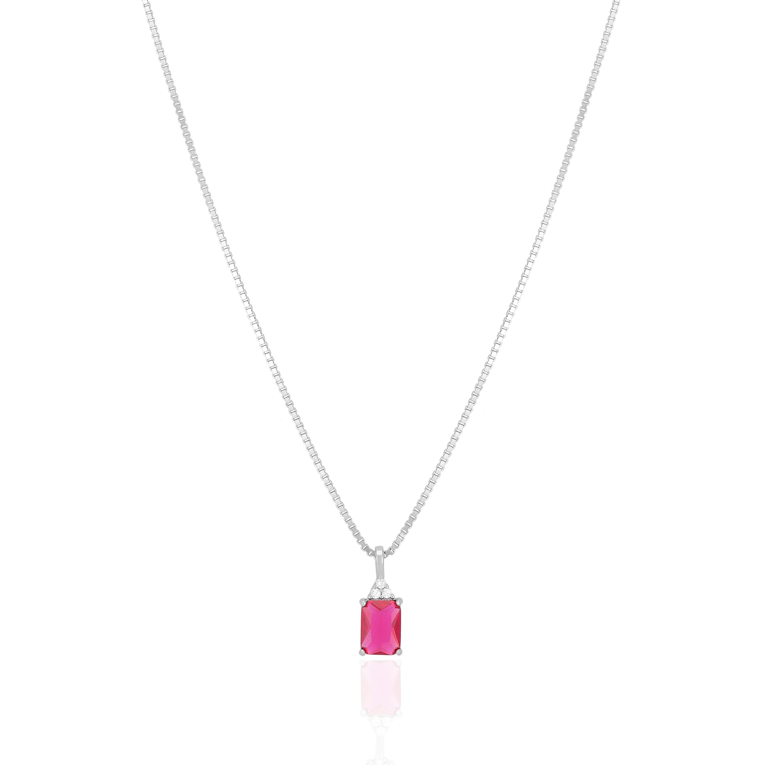 925 Sterling Silver July Month Square  Ruby Birthstone Chain Pendant For Women