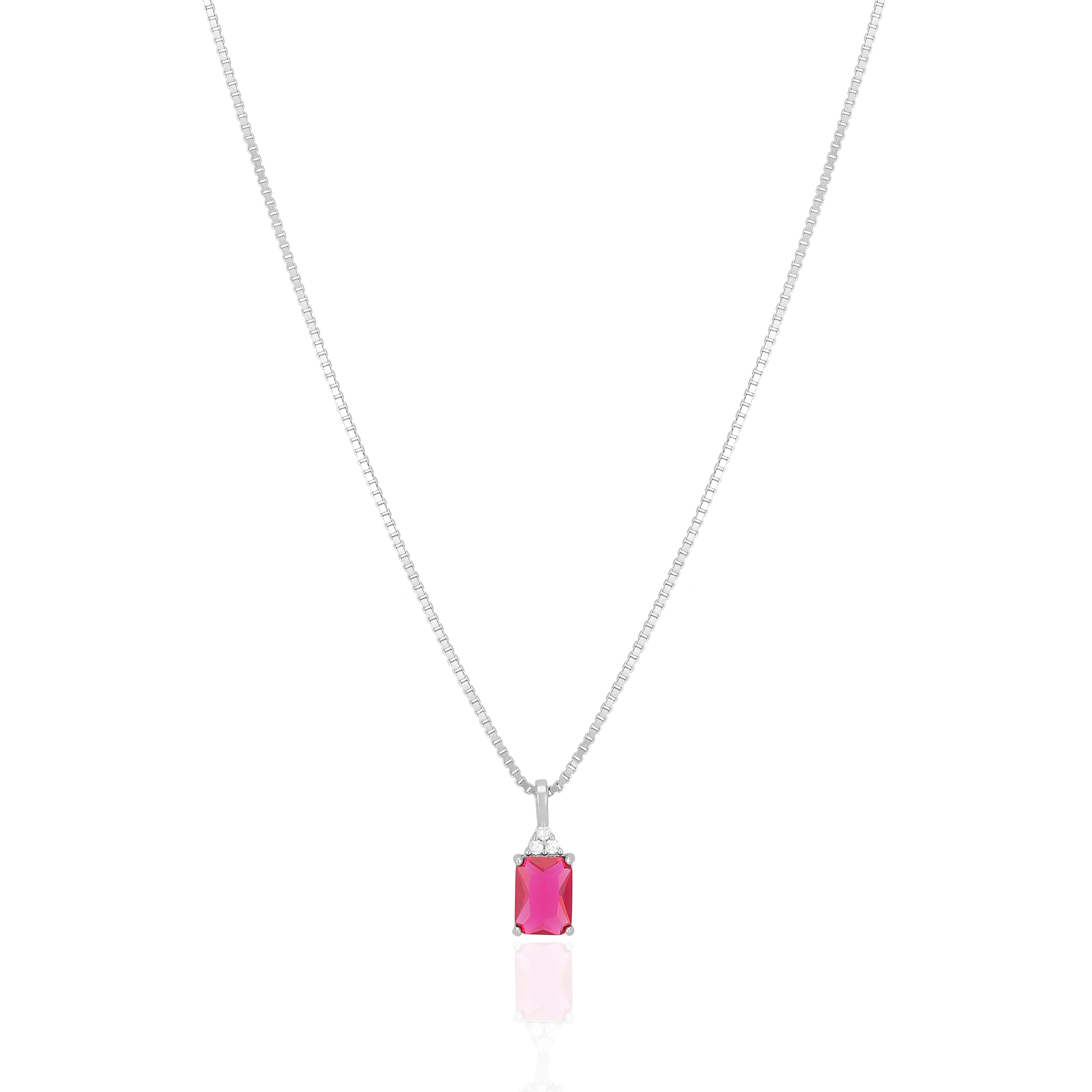 925 Sterling Silver July Month Square  Ruby Birthstone Chain Pendant For Women