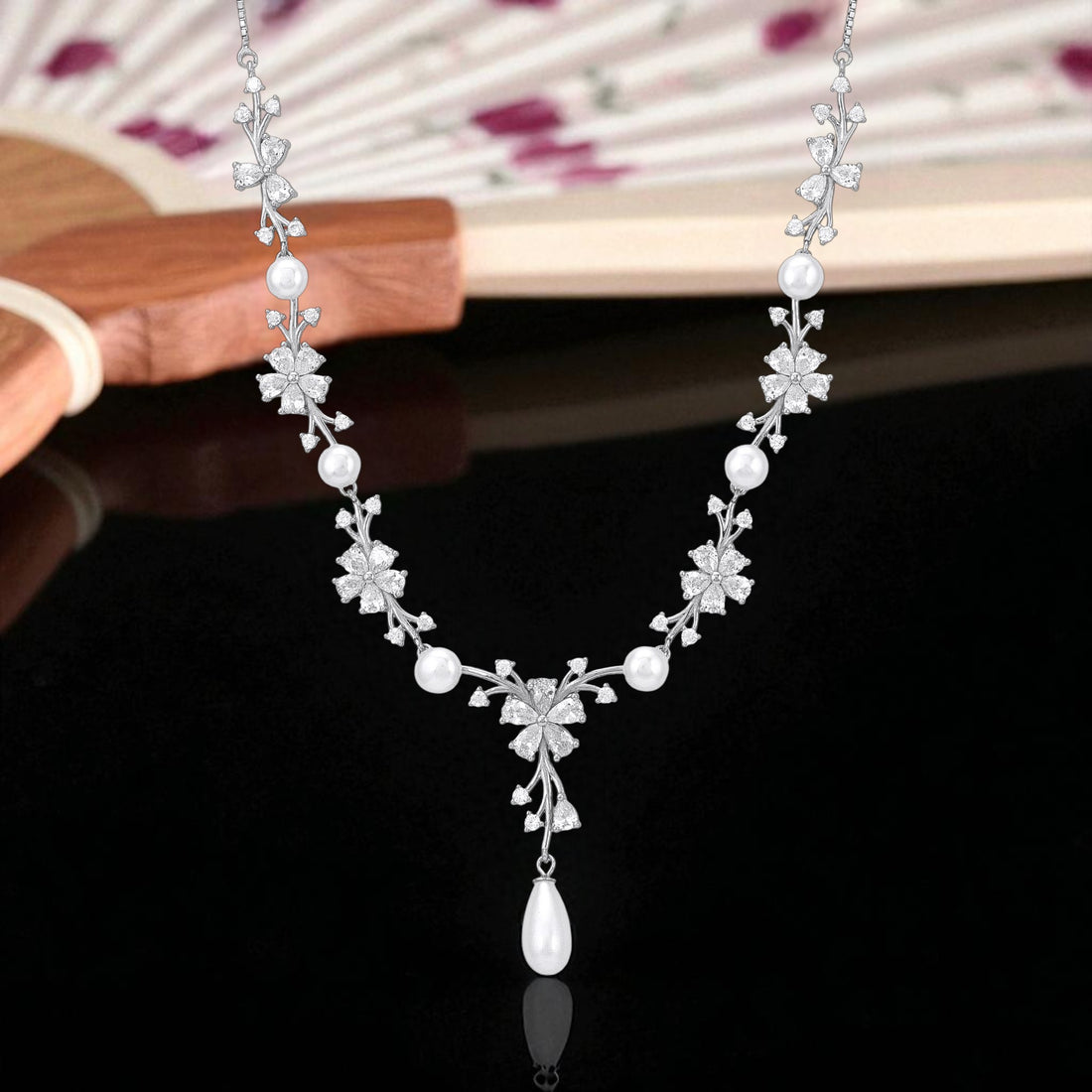 925 Sterling Silver Korean Snowdrop Bloom Crystal Sprigs Pearl Dangling Necklace for Women