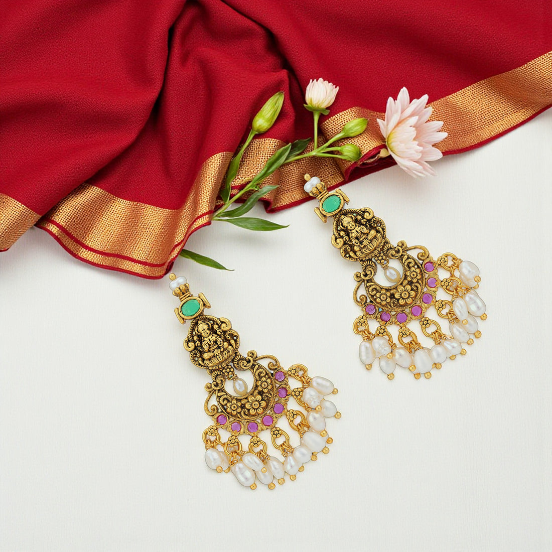 925 Sterling Silver Lakshmi Floral Crescent Pearl Dangler for Women