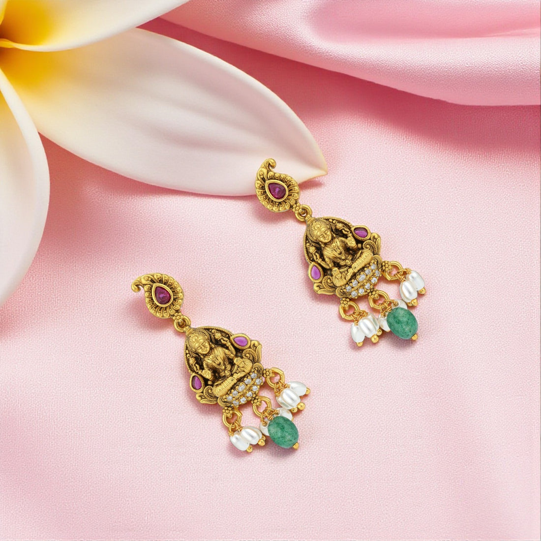 925 Sterling Silver Lakshmi Heritage Green Drop Earrings for women