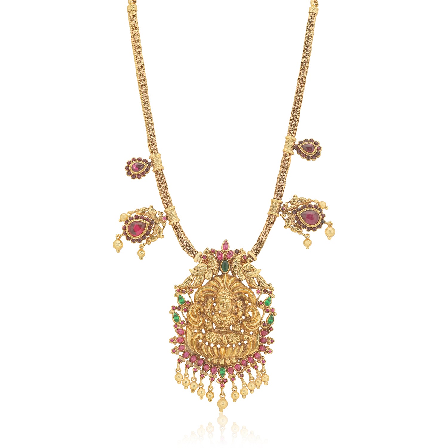 925 Sterling Silver Lakshmi Pendant with Side Red Stones Drop Gold Plated Necklace For Women