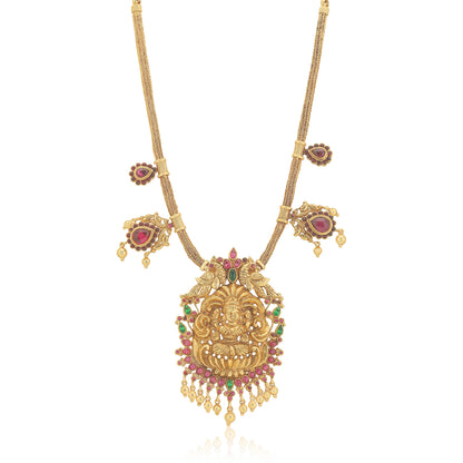 925 Sterling Silver Lakshmi Pendant with Side Red Stones Drop Gold Plated Necklace For Women
