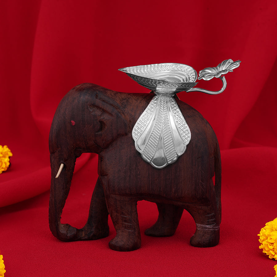 925 Sterling Silver Lamp Rosewood Elephant For Pooja