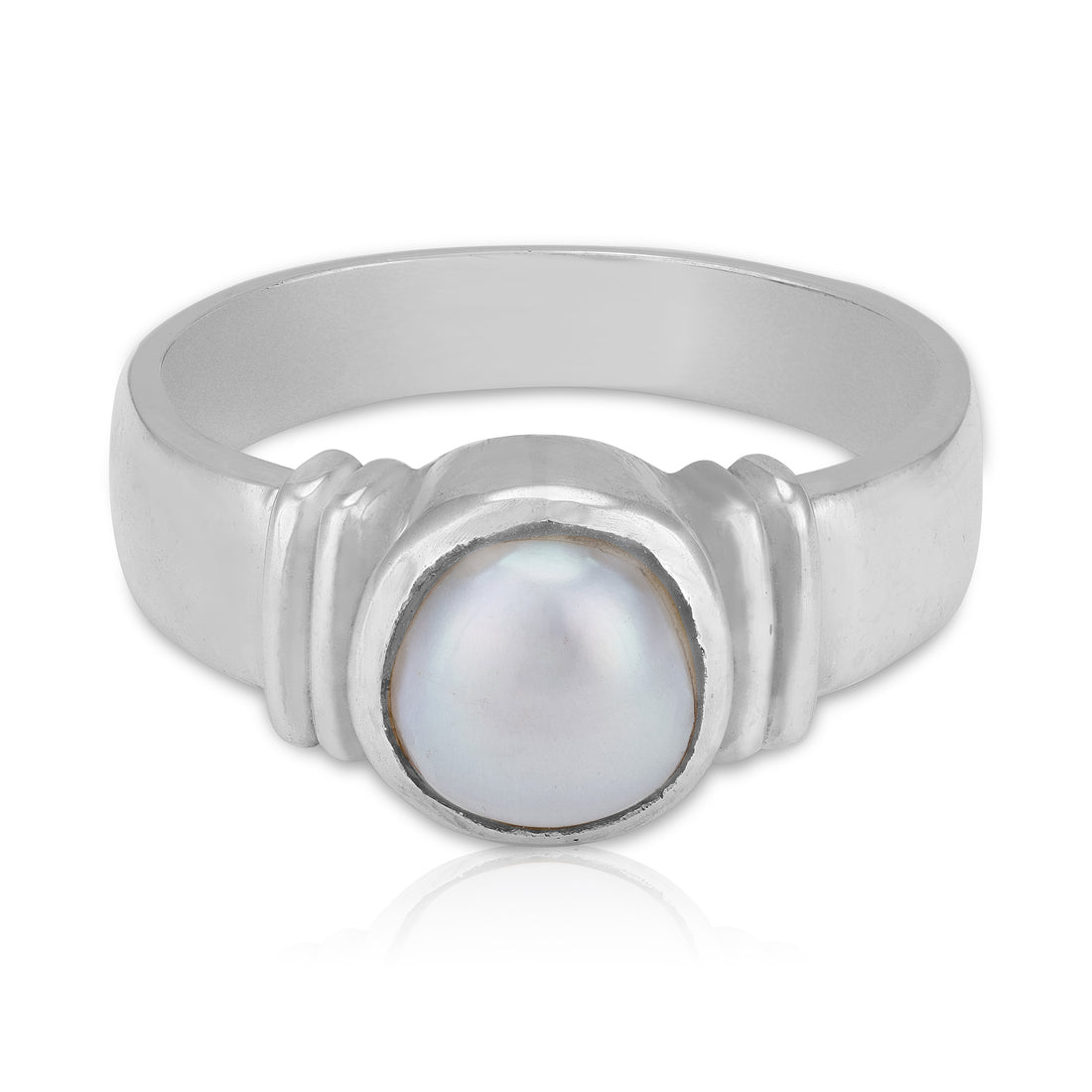 925 Sterling Silver Large White Pearl Classic Twin-Notch Band Design Ring for Men