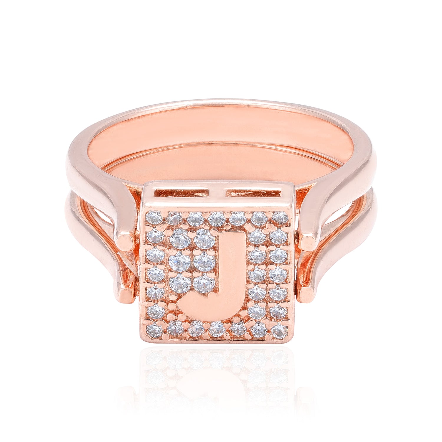 925 Sterling Silver Lasting Charm J Rose Gold Plated Convertible Ring for Women
