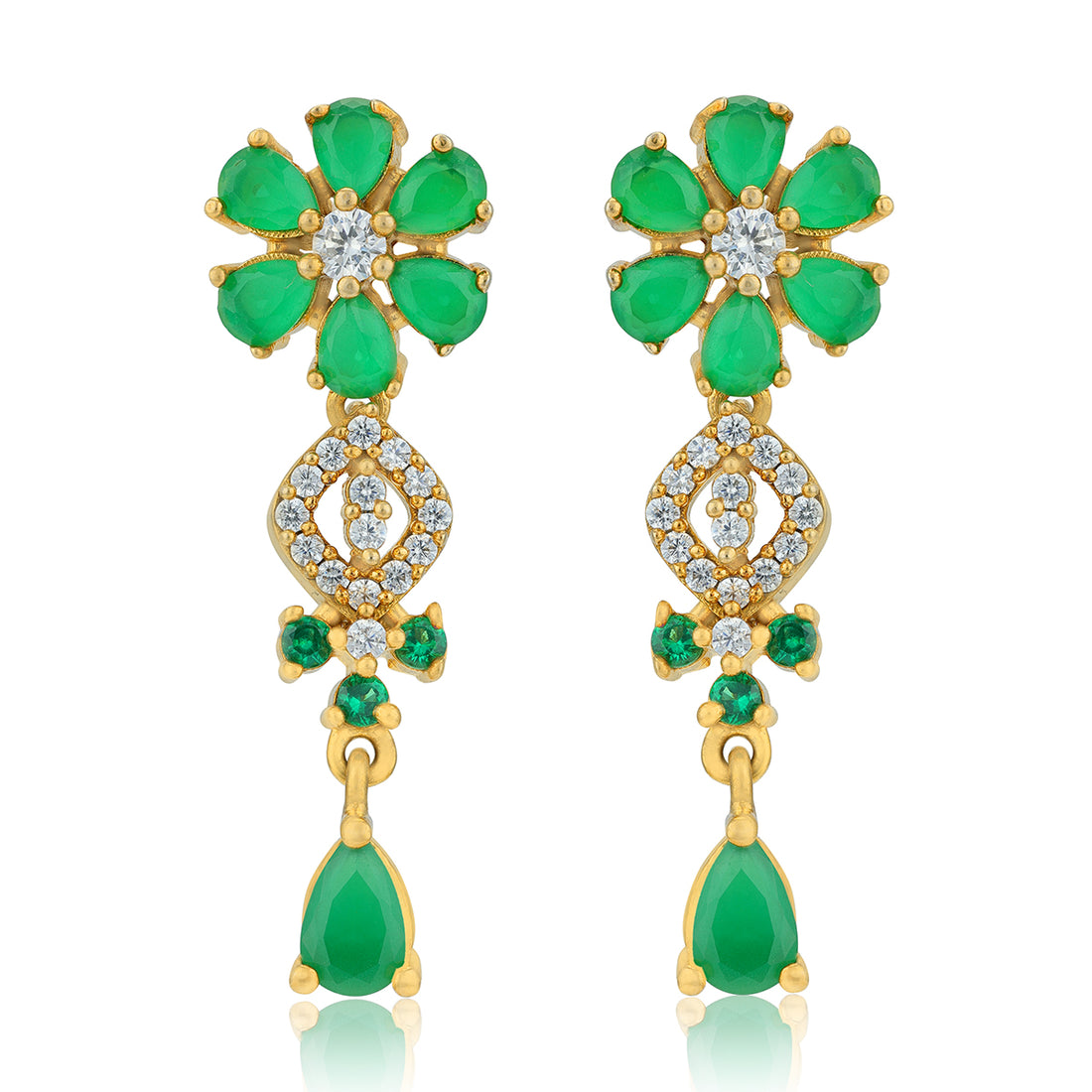 925 Sterling Silver Layered Green Flower Teardrop Gold Plated Earrings for Women