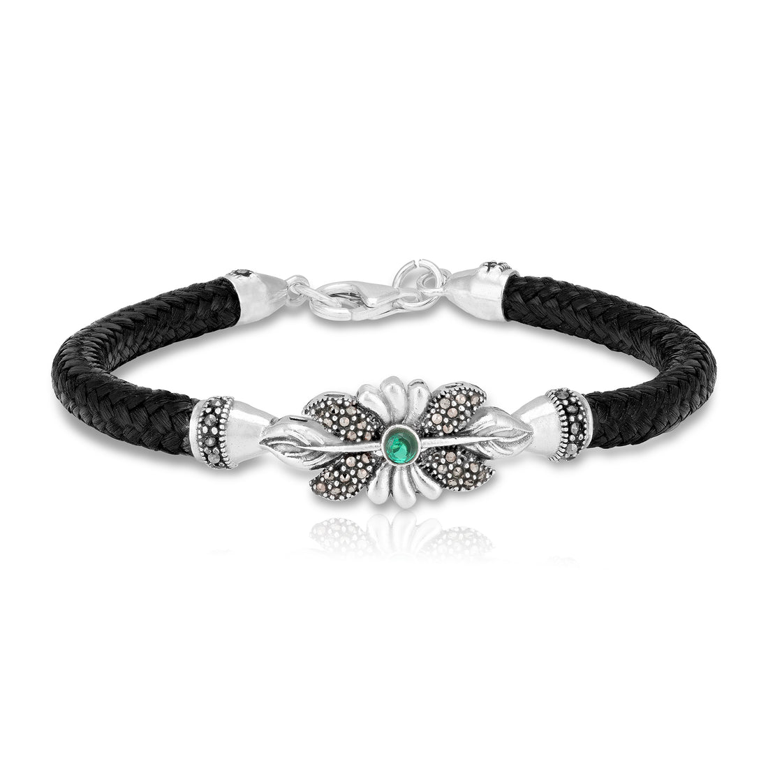 925 Sterling Silver Leaf Marcasite Emerald-Green Center Stone Braided Black Strap Floral Bracelet for Men