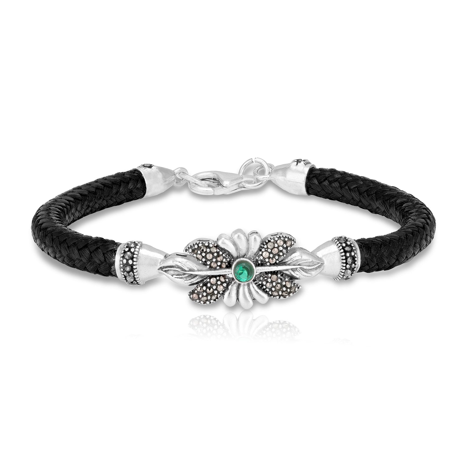 925 Sterling Silver Leaf Marcasite Emerald-Green Center Stone Braided Black Strap Floral Bracelet for Men