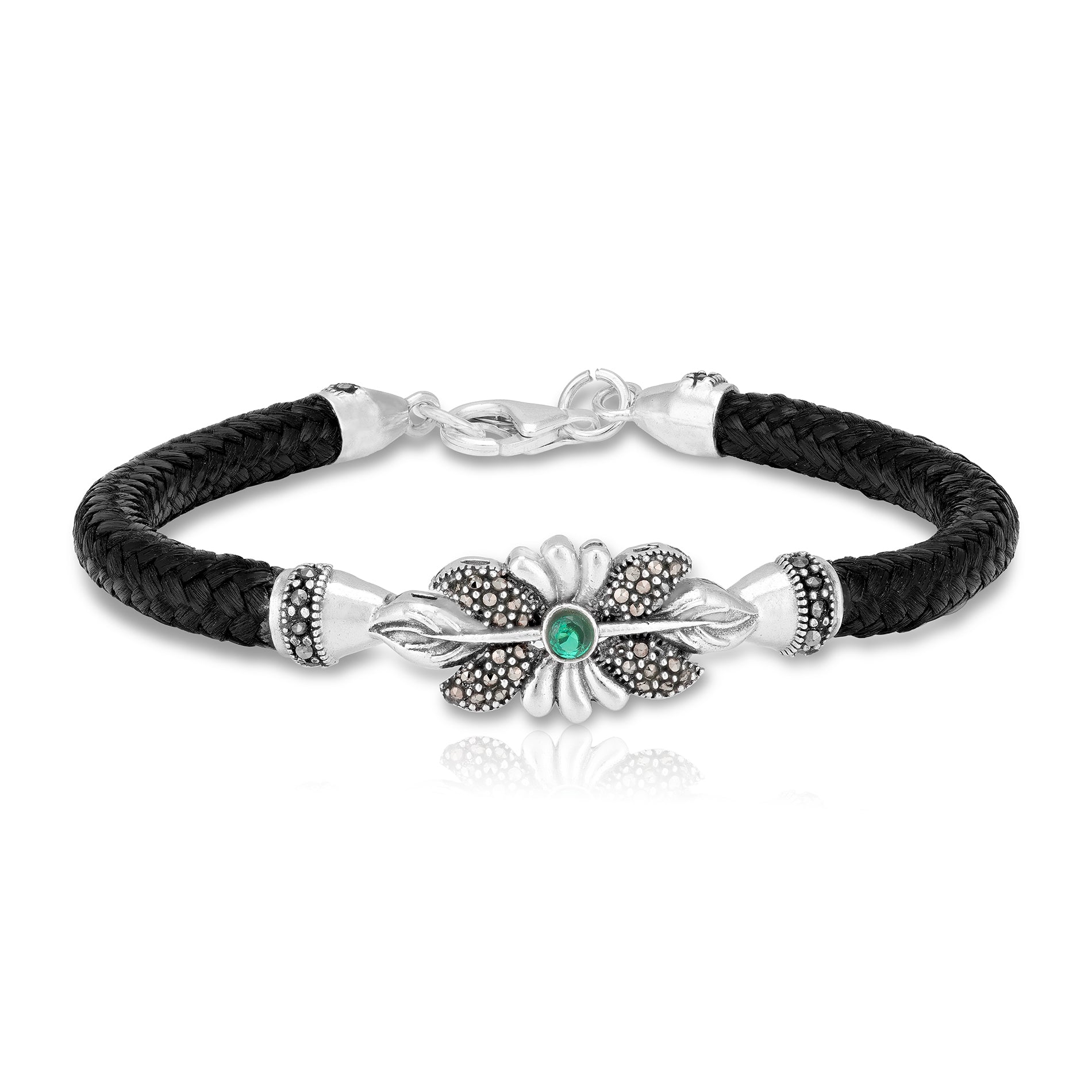925 Sterling Silver Leaf Marcasite Emerald-Green Center Stone Braided Black Strap Floral Bracelet for Men