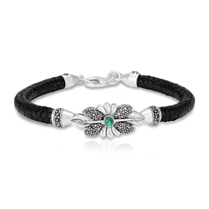 925 Sterling Silver Leaf Marcasite Emerald-Green Center Stone Braided Black Strap Floral Bracelet for Men