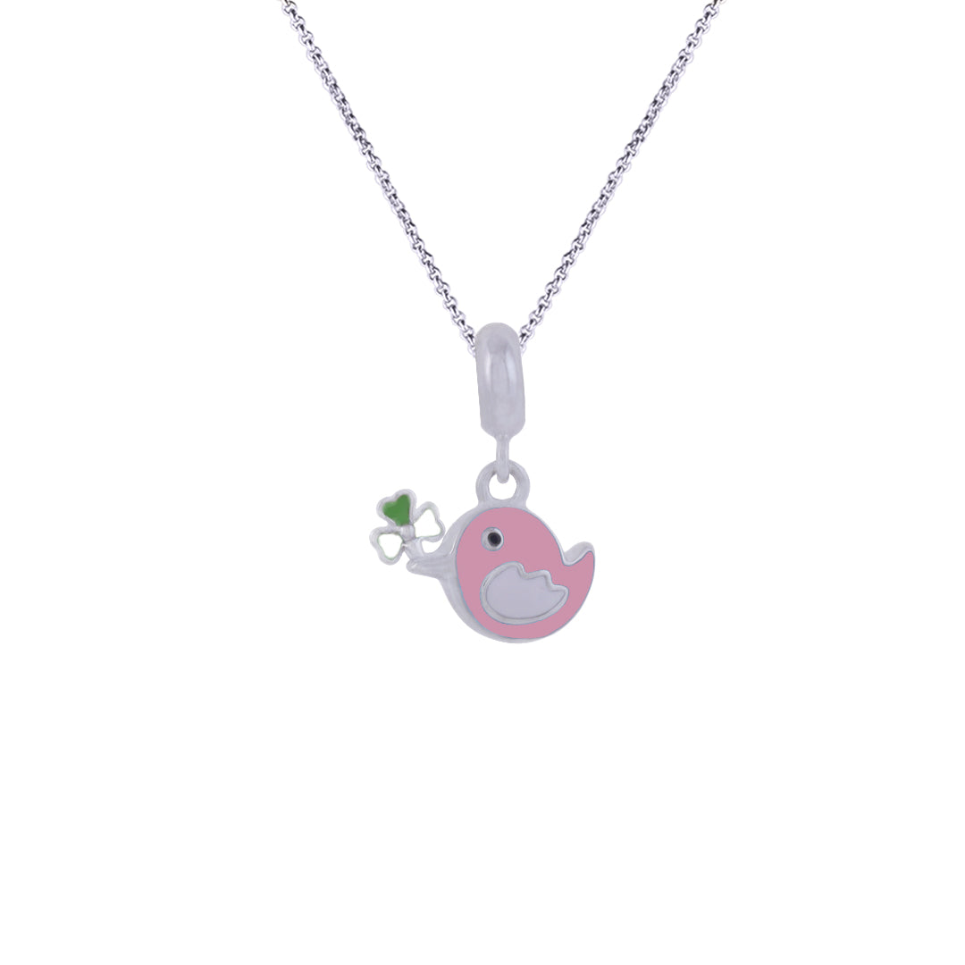 925 Sterling Silver Lil Pink Bird Rhodium Plated Pendant For Kids