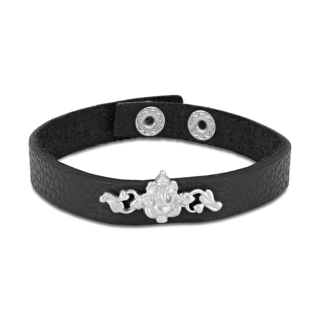 925 Sterling Silver Lord Ganesha Curved Vine Detailing Black Leather Strap Bracelet for Men