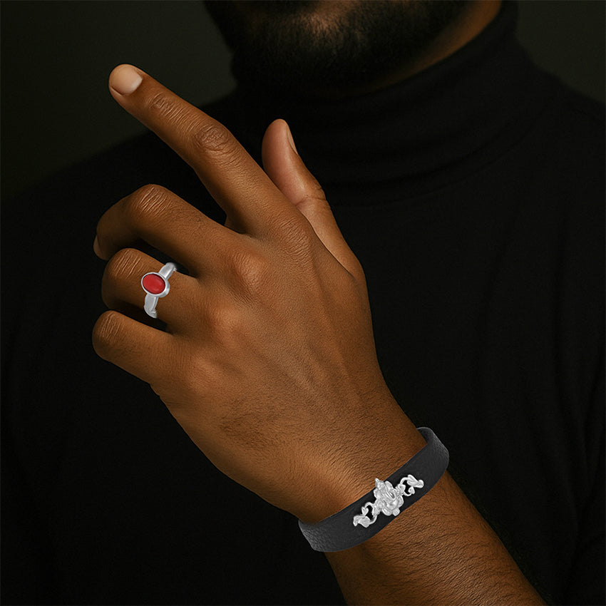 925 Sterling Silver Lord Ganesha Curved Vine Detailing Black Leather Strap Bracelet for Men