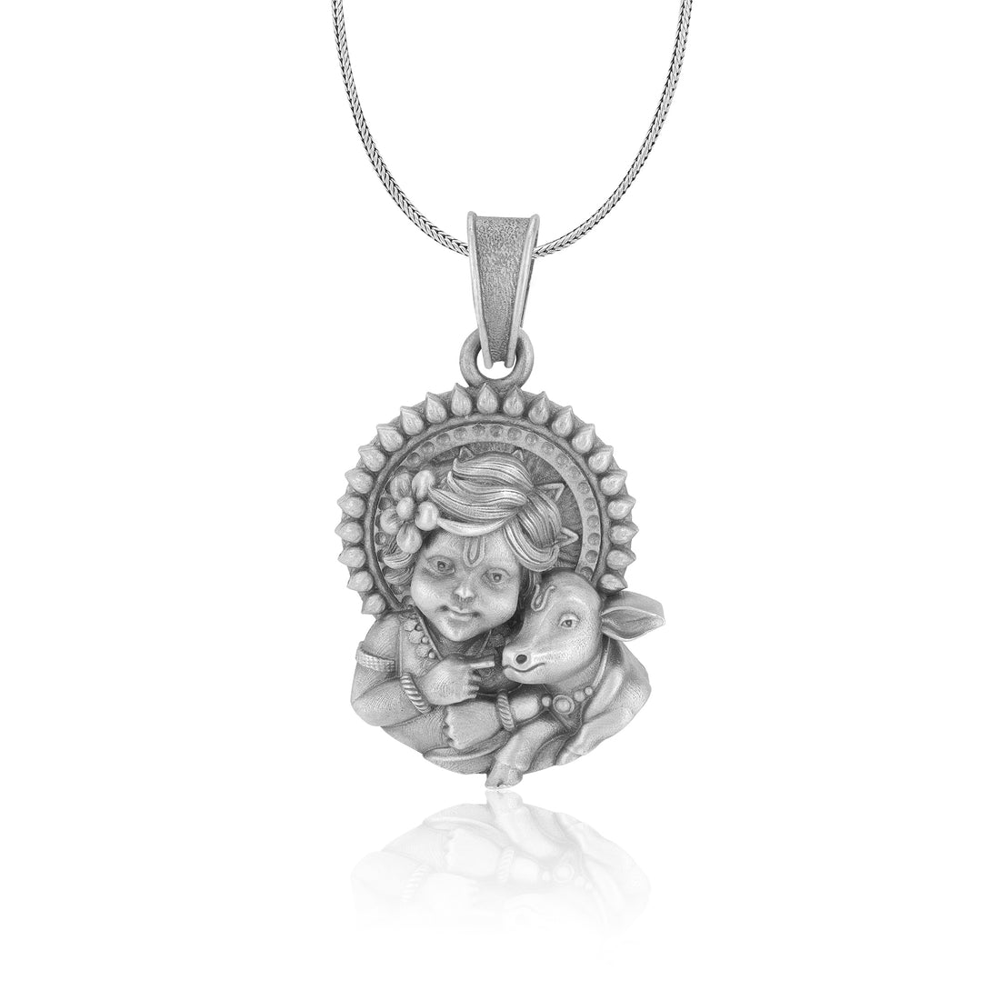 925 Sterling Silver Lord Little Krishna with Cow Oxidised Pendants for Men & Women