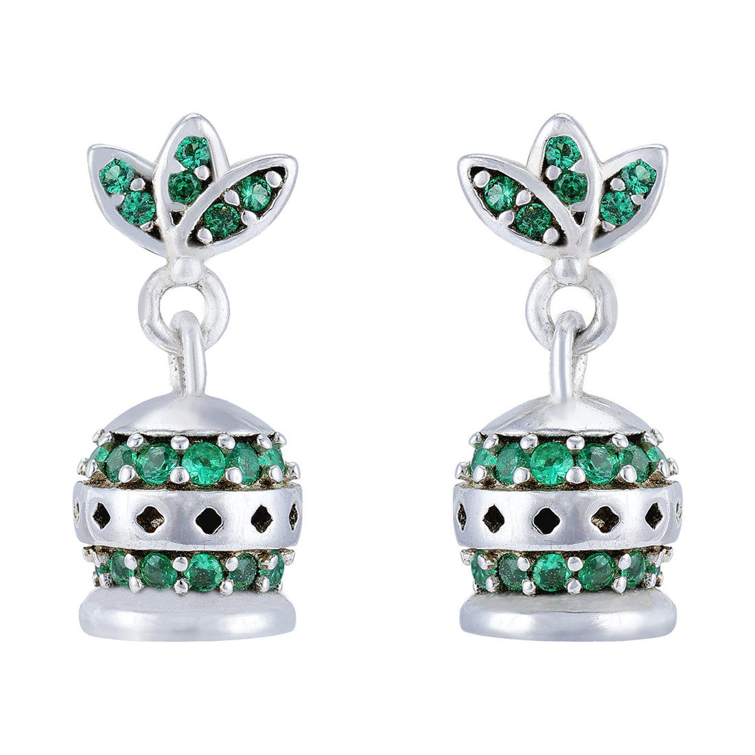 925 Sterling Silver Lotus Petal Studded Emerald Bell Charm Dangle Earring for Women