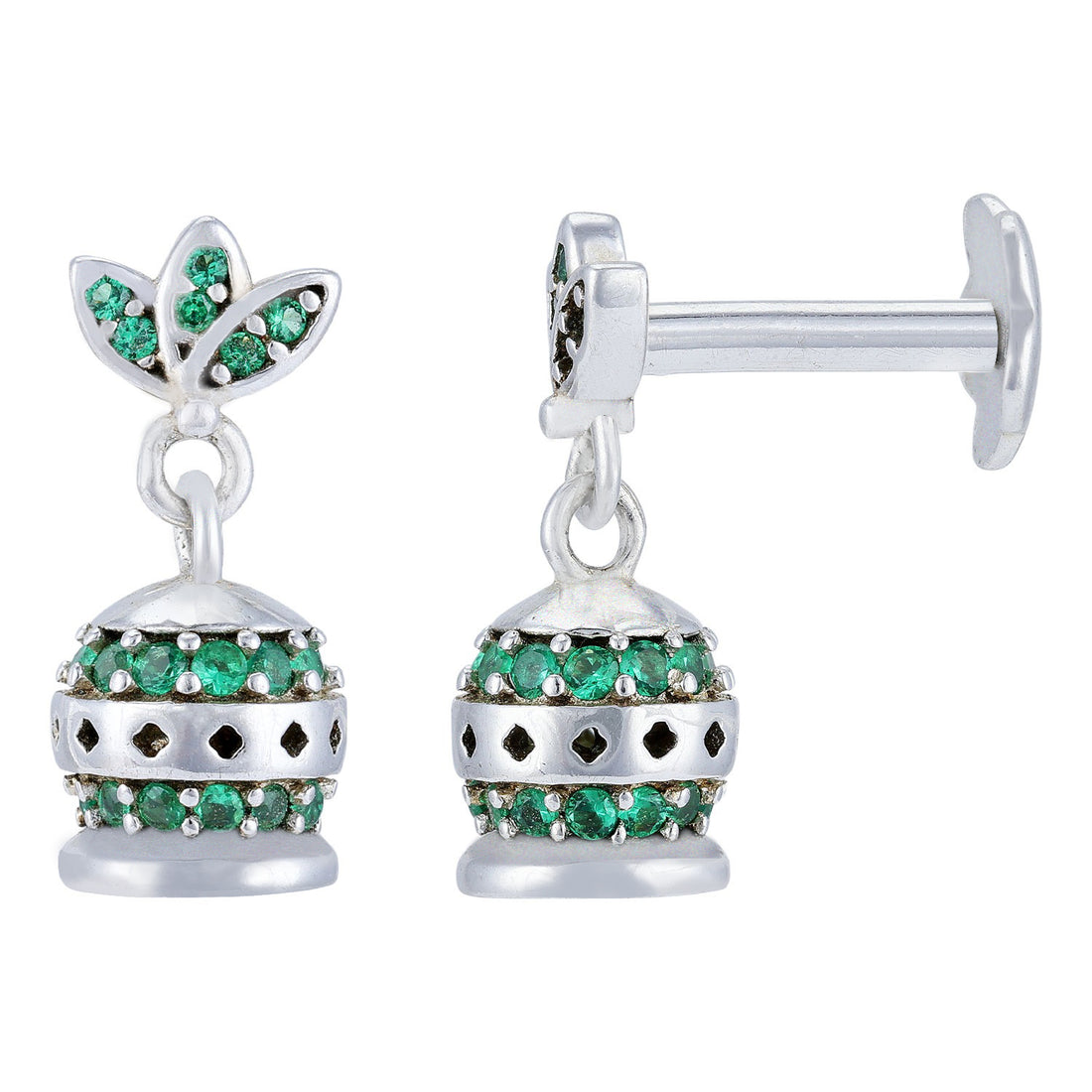 925 Sterling Silver Lotus Petal Studded Emerald Bell Charm Dangle Earring for Women
