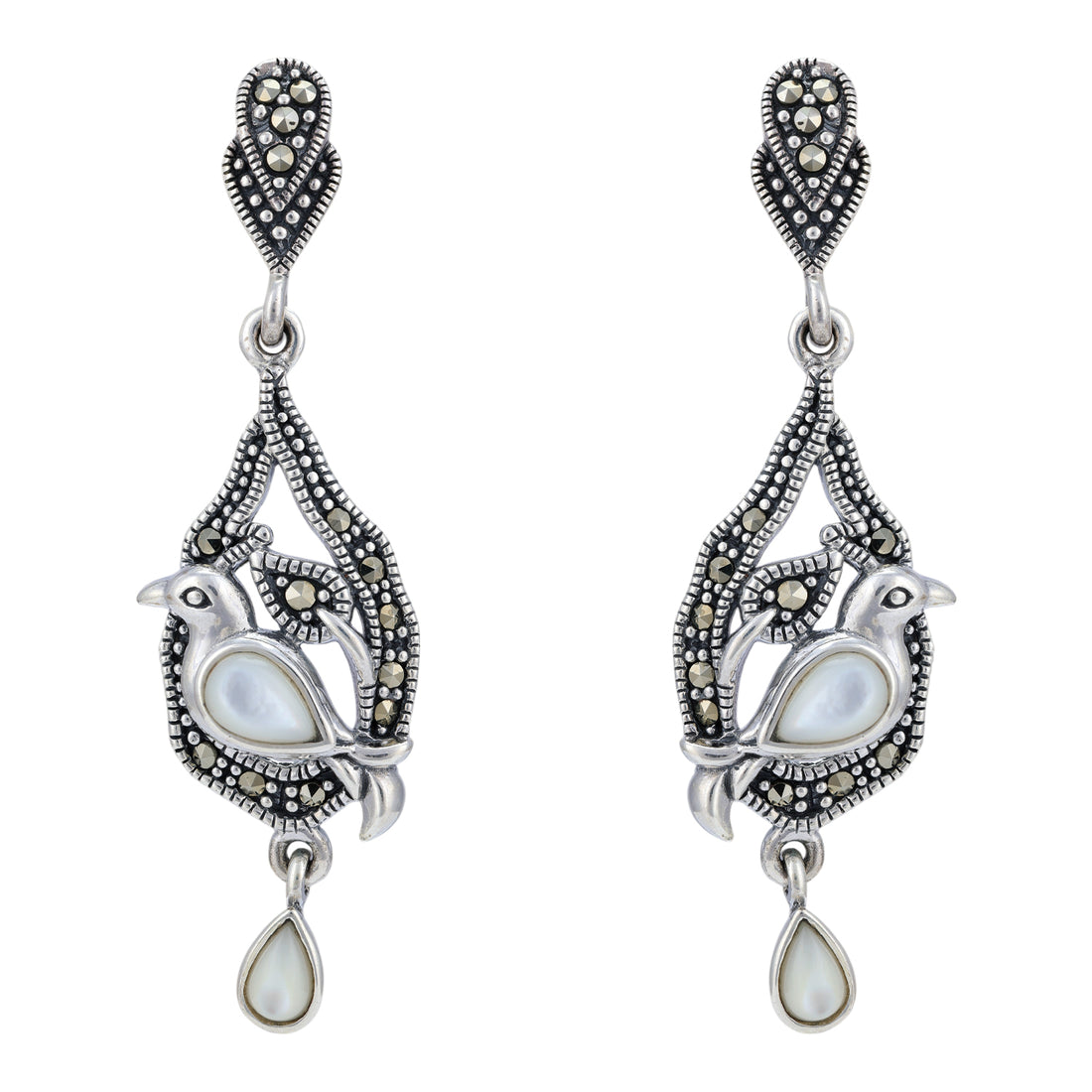 925 Sterling Silver Marcasite Bird Perch Drop Earring for Women
