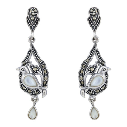 925 Sterling Silver Marcasite Bird Perch Drop Earring for Women