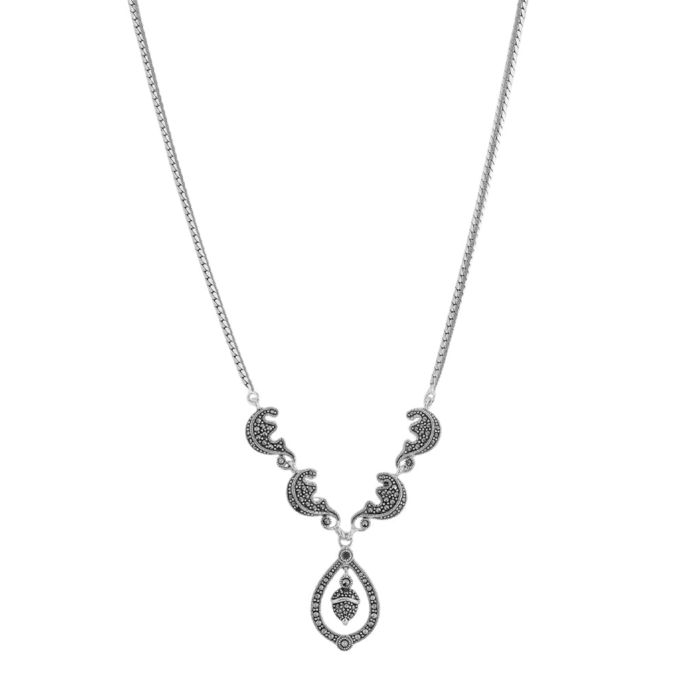 925 Sterling Silver Marcasite Pear Drop Chain Pendant For Women
