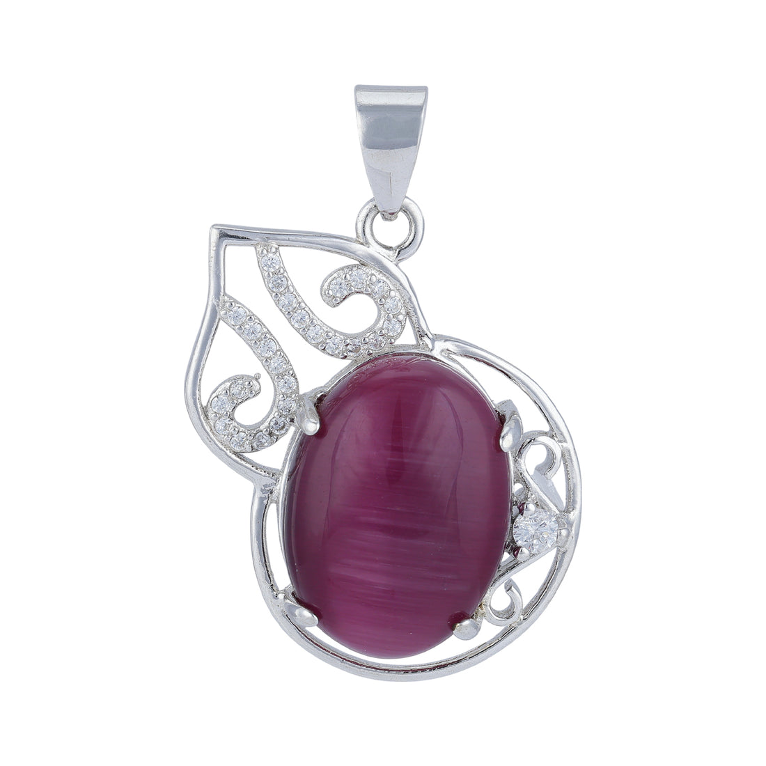 925 Sterling Silver Maroon Cat’s Eye Leaf Scroll Frame Design Pendant for Women
