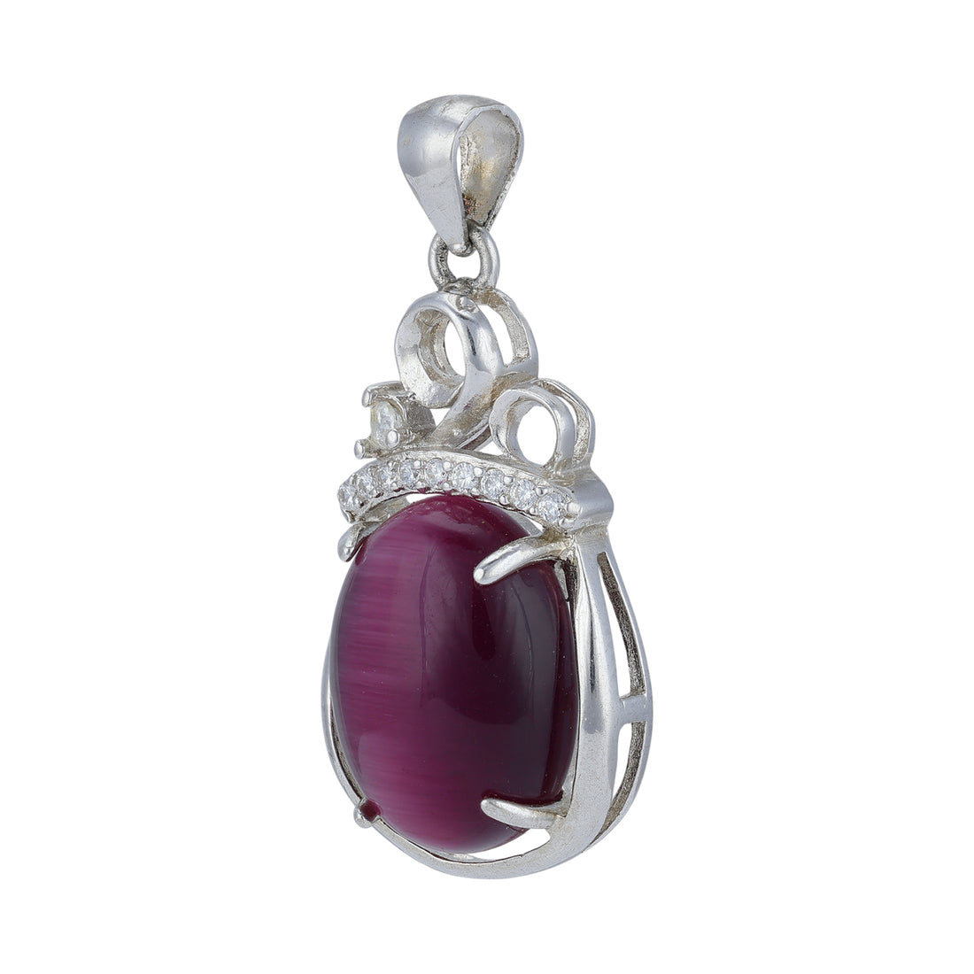 925 Sterling Silver Maroon Cat’s Eye Oval Curved Loop Accent Pendant for Women