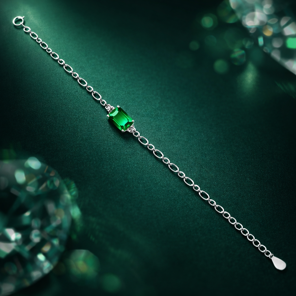 925 Sterling Silver May Month Rectangle Emerald Birthstone Bracelet For Women