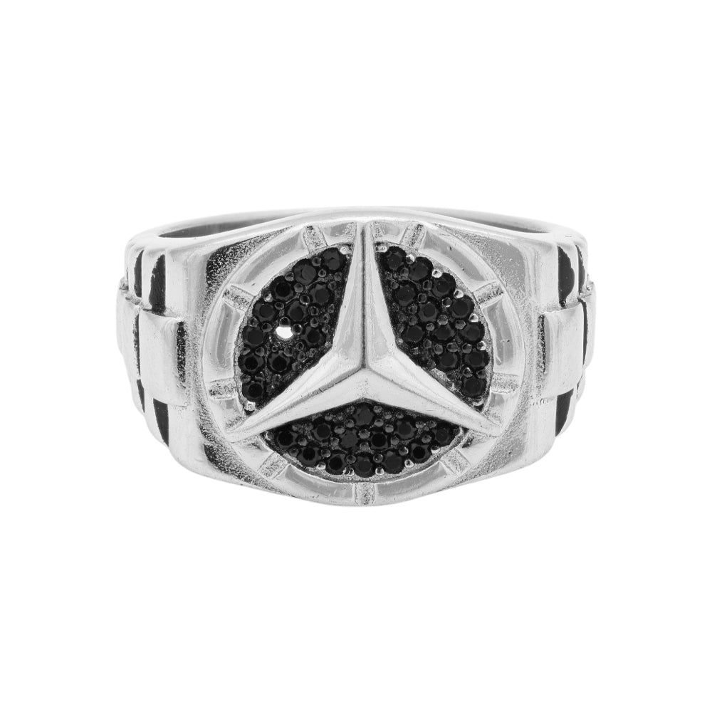 925 Sterling Silver Mercedes Benz Logo Rhodium Plated Rings for Men