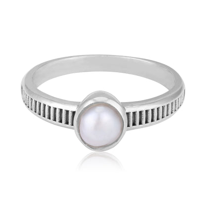 925 Sterling Silver Minimalist White Pearl Linear-Ridged Ring for Men