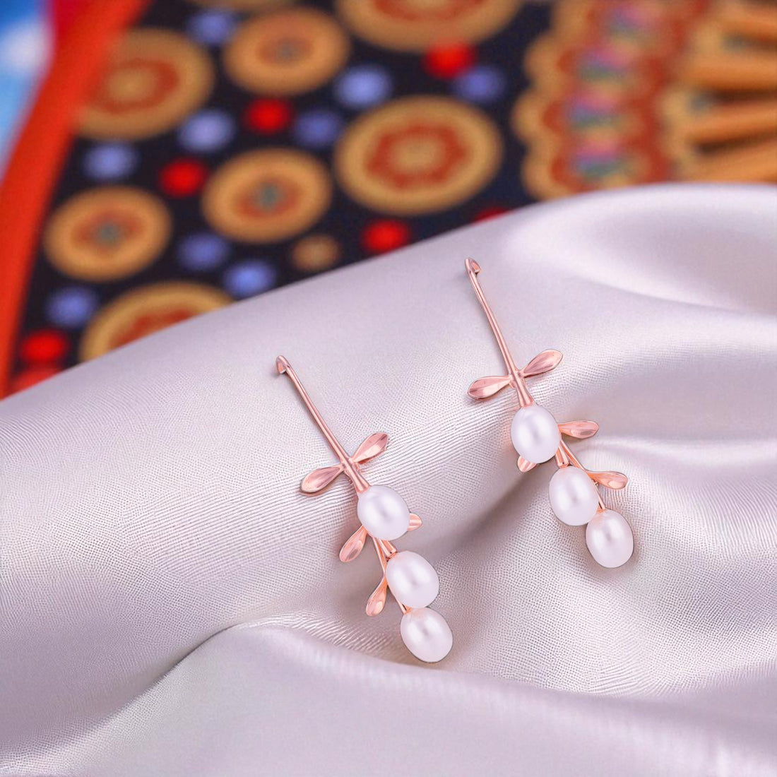 925 Sterling Silver Modern Leaf Triple Pearl Glossy Rose Gold Earrings for Women