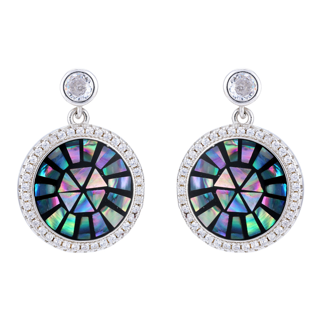 925 Sterling Silver Mosaic Disc Rhodium Plated Earrings For Women