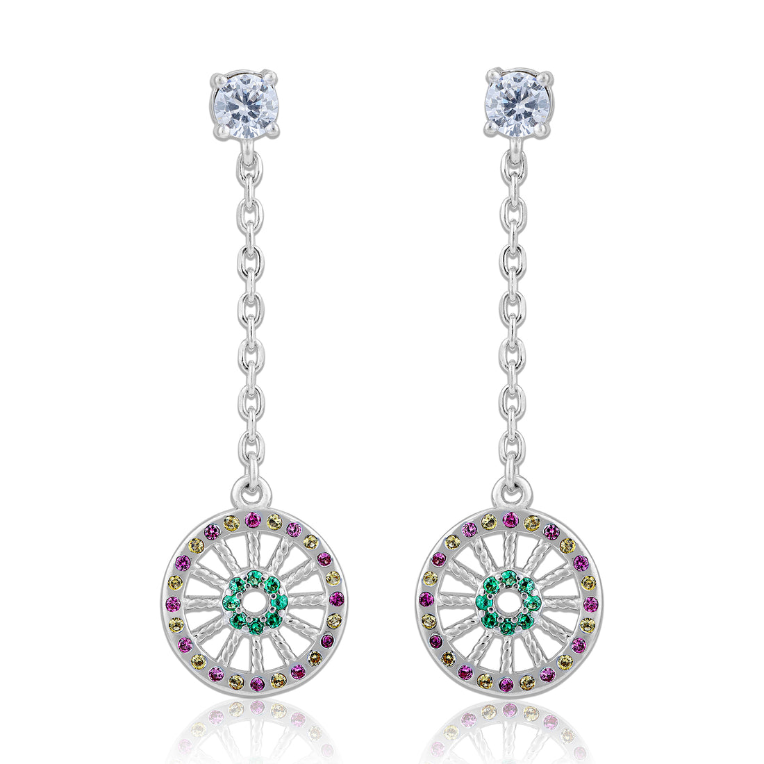 925 Sterling Silver Multicolor Chakra Spoked Disc Hanging Earrings for Women