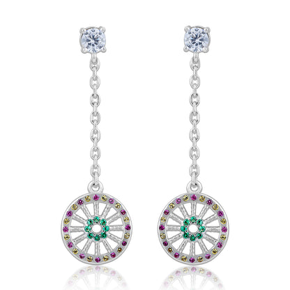 925 Sterling Silver Multicolor Chakra Spoked Disc Hanging Earrings for Women