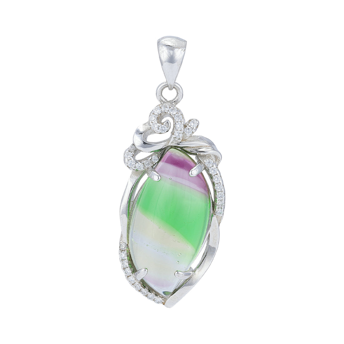 925 Sterling Silver Multicolor Oval Fluorite Twisted Vine Frame Pendant for Women