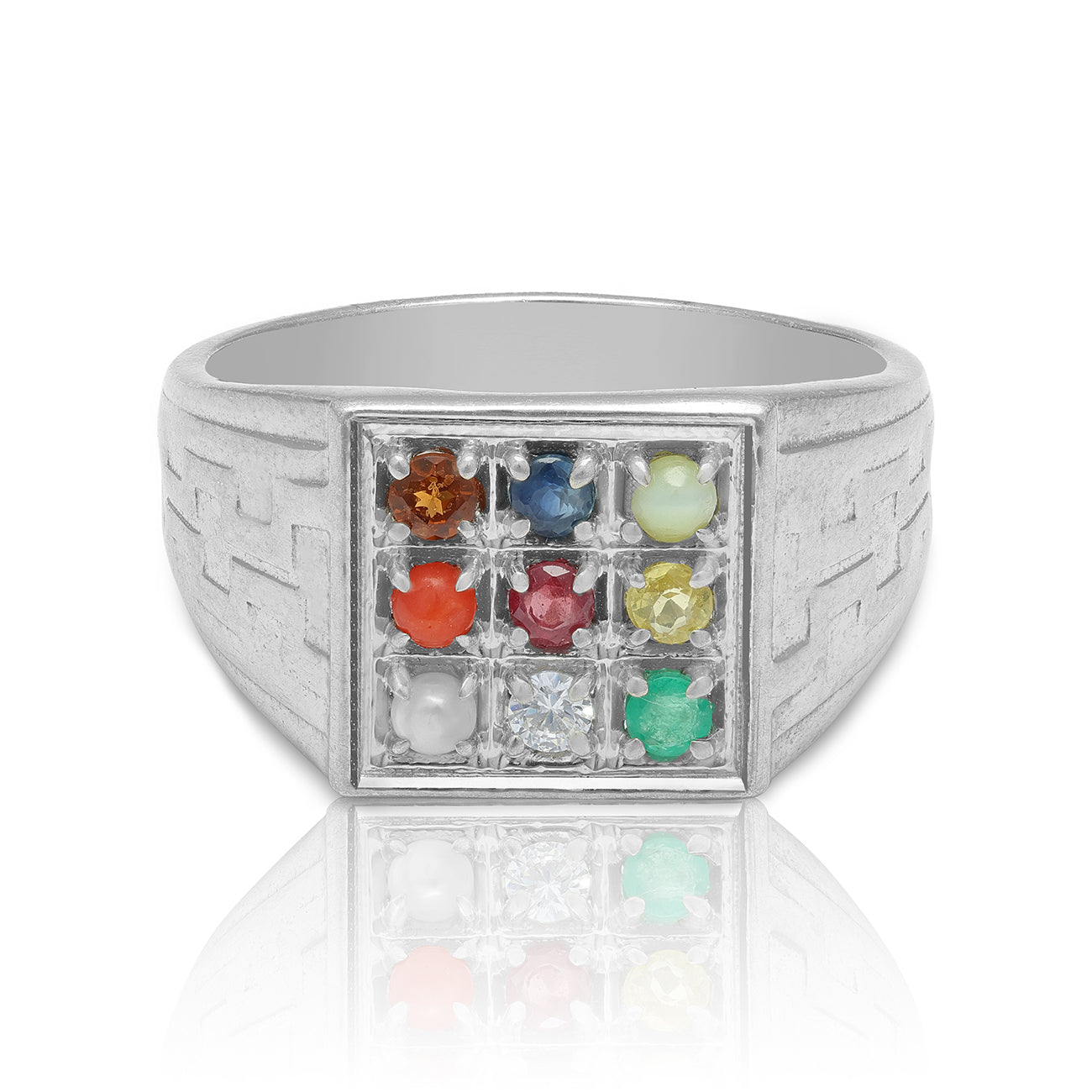 925 Sterling Silver Navaratna 9 Gemstones Sacred Grid Square Rhodium Plated Ring for Men