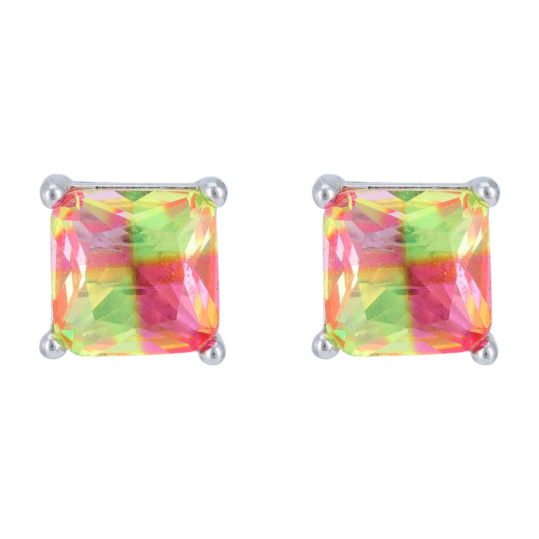 925 Sterling Silver Neon Prism Cushion Cut Rhodium Plated Earrings For Women