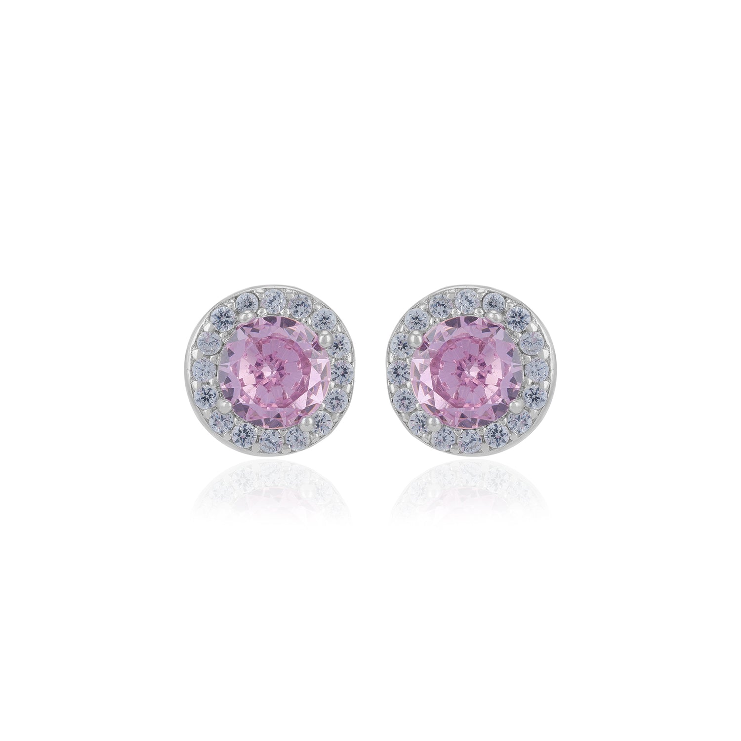 925 Sterling Silver October Month Circle Pink Tourmaline Birthstone Stud For Women