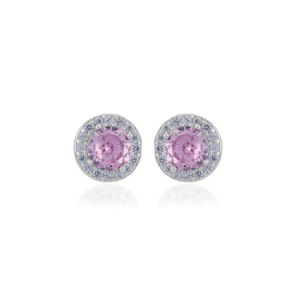 925 Sterling Silver October Month Circle Pink Tourmaline Birthstone Stud For Women