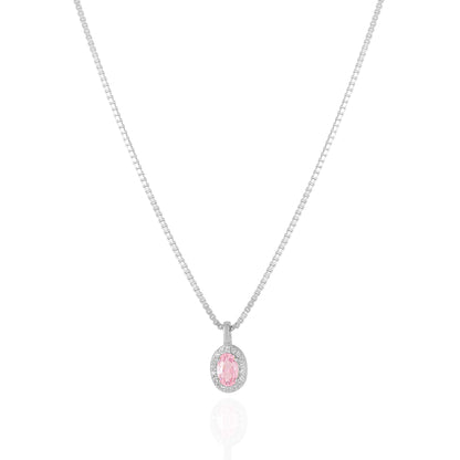 925 Sterling Silver October Month Oval Pink Tourmaline Birthstone Chain Pendant For Women