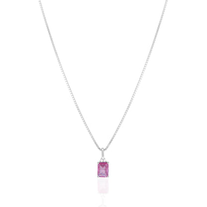925 Sterling Silver October Month Square Pink Tourmaline Birthstone Chain Pendant For Women