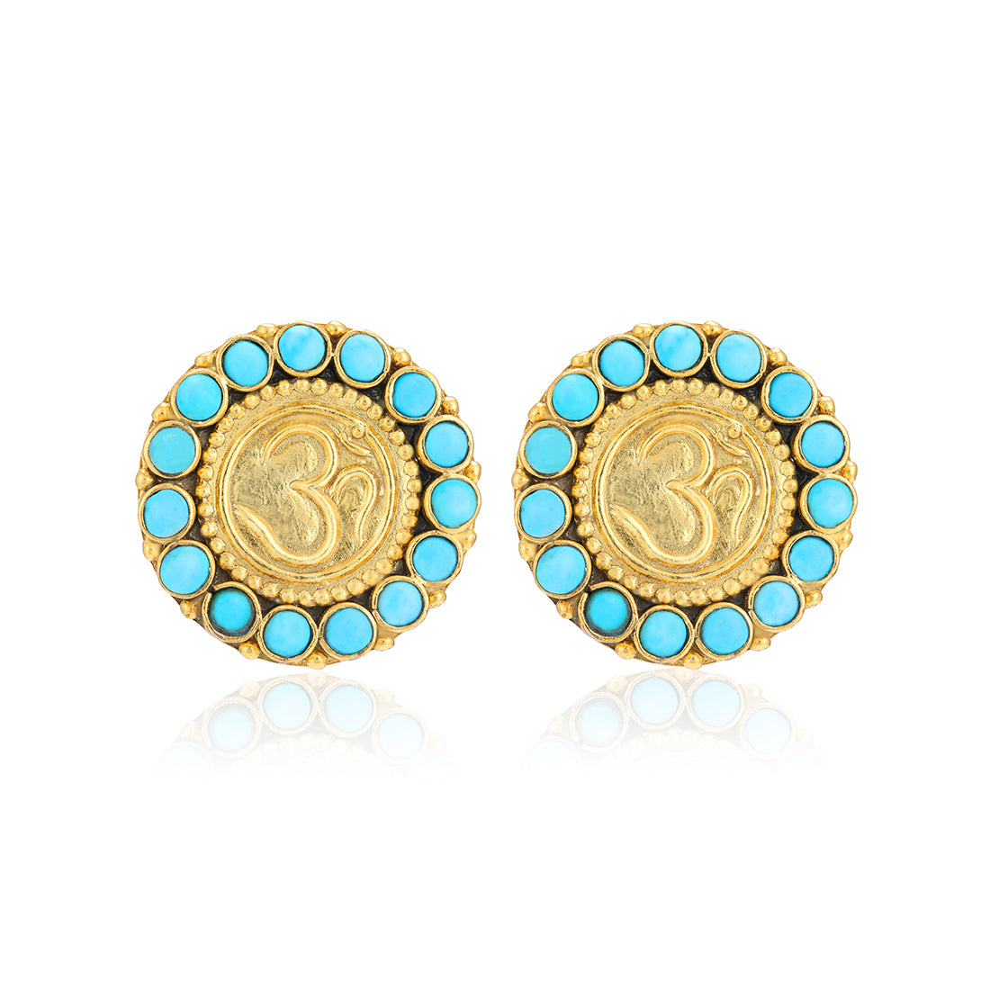 925 Sterling Silver Om Design Turquoise Stone Border Earrings For Women