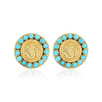 925 Sterling Silver Om Design Turquoise Stone Border Earrings For Women
