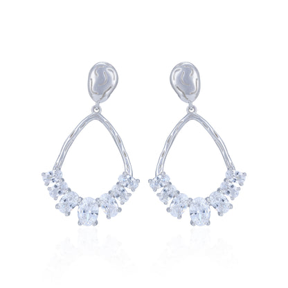 925 Sterling Silver Open Teardrop Cluster Crystal Drop Earring for Women