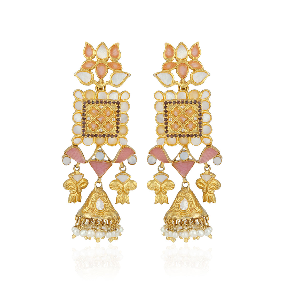 Pair of gold earrings with pink and white stones on a white background