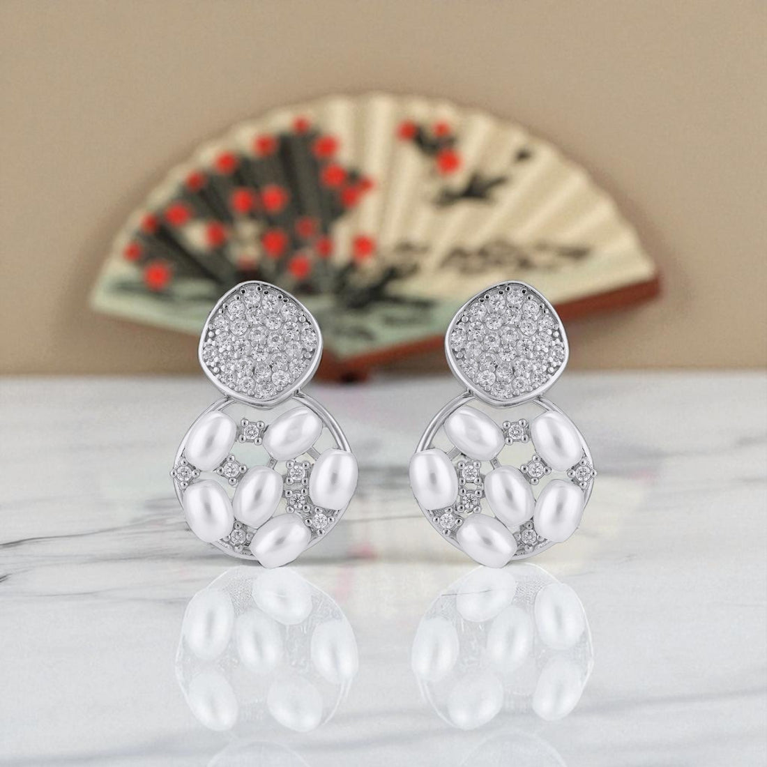 925 Sterling Silver Orbit Pearl Crystal-Encrusted Disc Top Earrings for Women