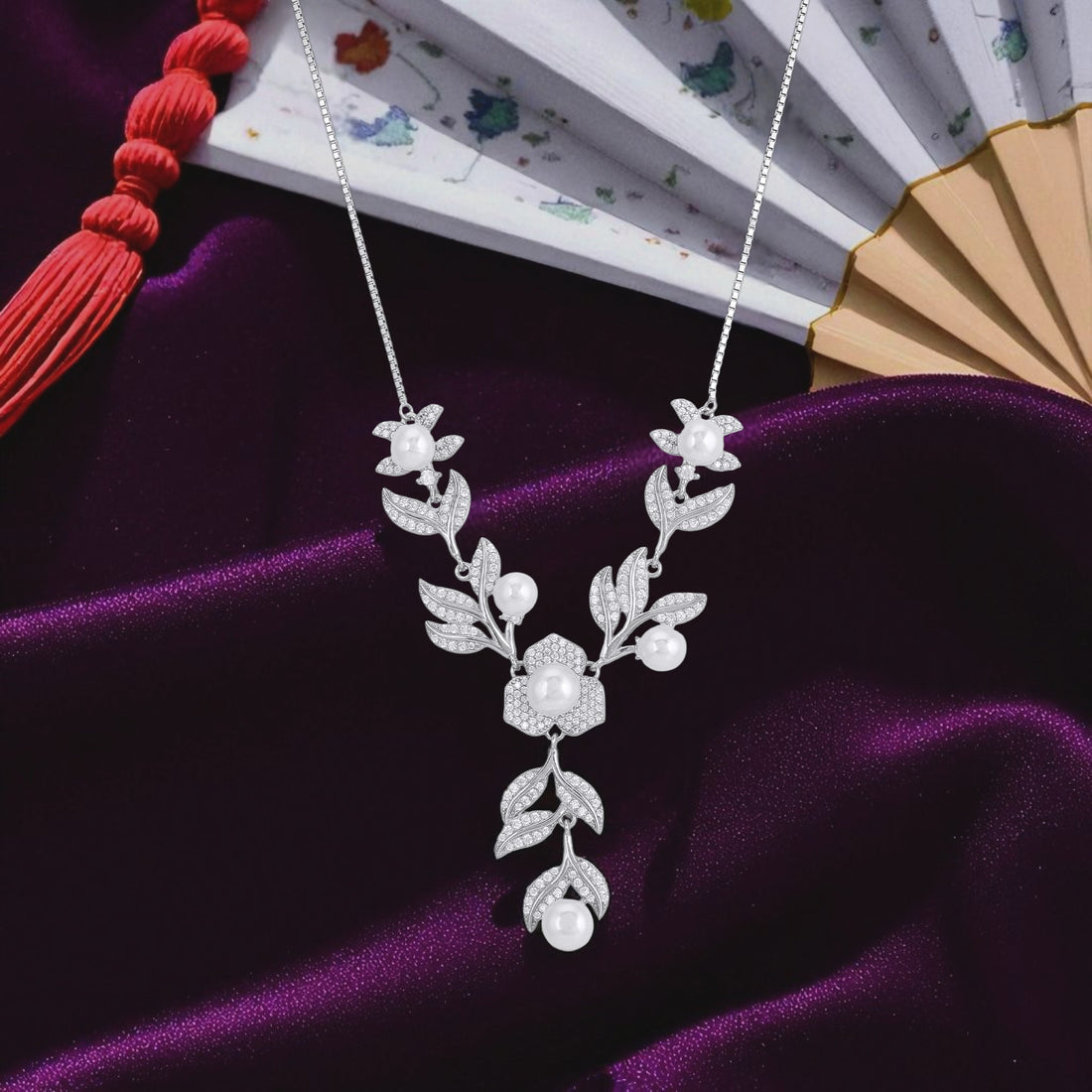 925 Sterling Silver Ornate Pearl Drop Vine Blossom Detailing Necklace for Women