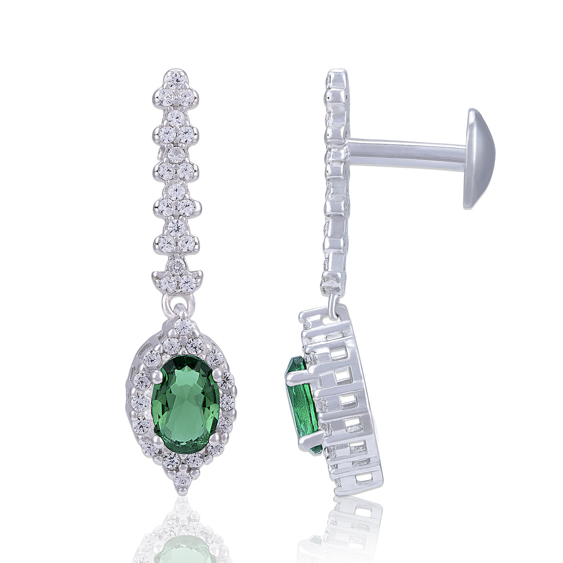 925 Sterling Silver Oval Green Stone and Halo Long Drop Earring for Women